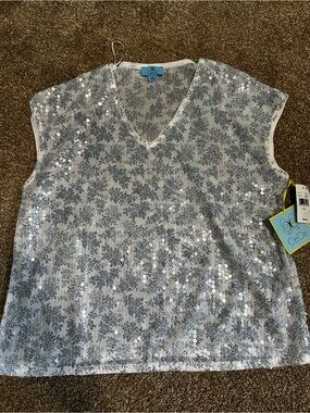 CeCe Silver Floral Sequin V-Neck Tunic Top